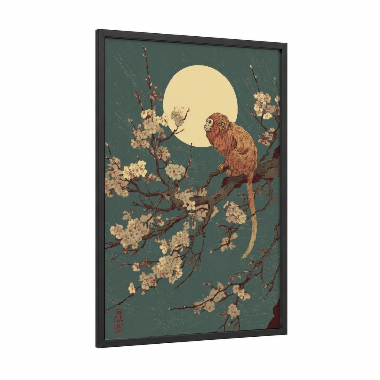 Moonlit Monkey framed art print — black wood frame — cream and bermuda gray palette