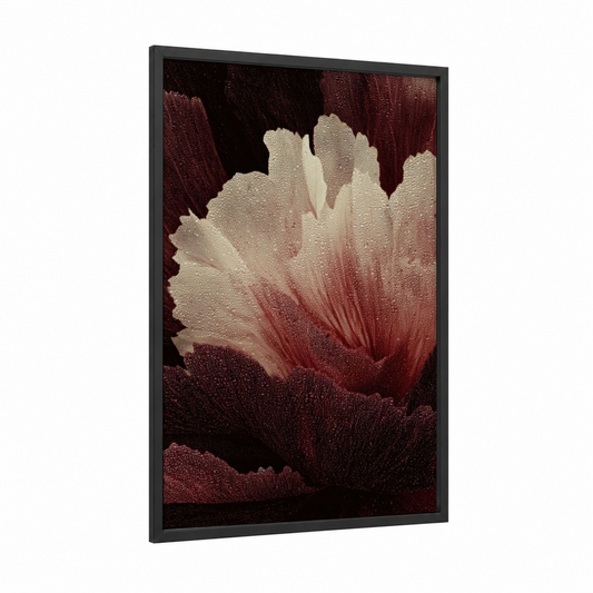 Crimson Bloom Abstract framed body art print — black wood frame — maroon and cream palette