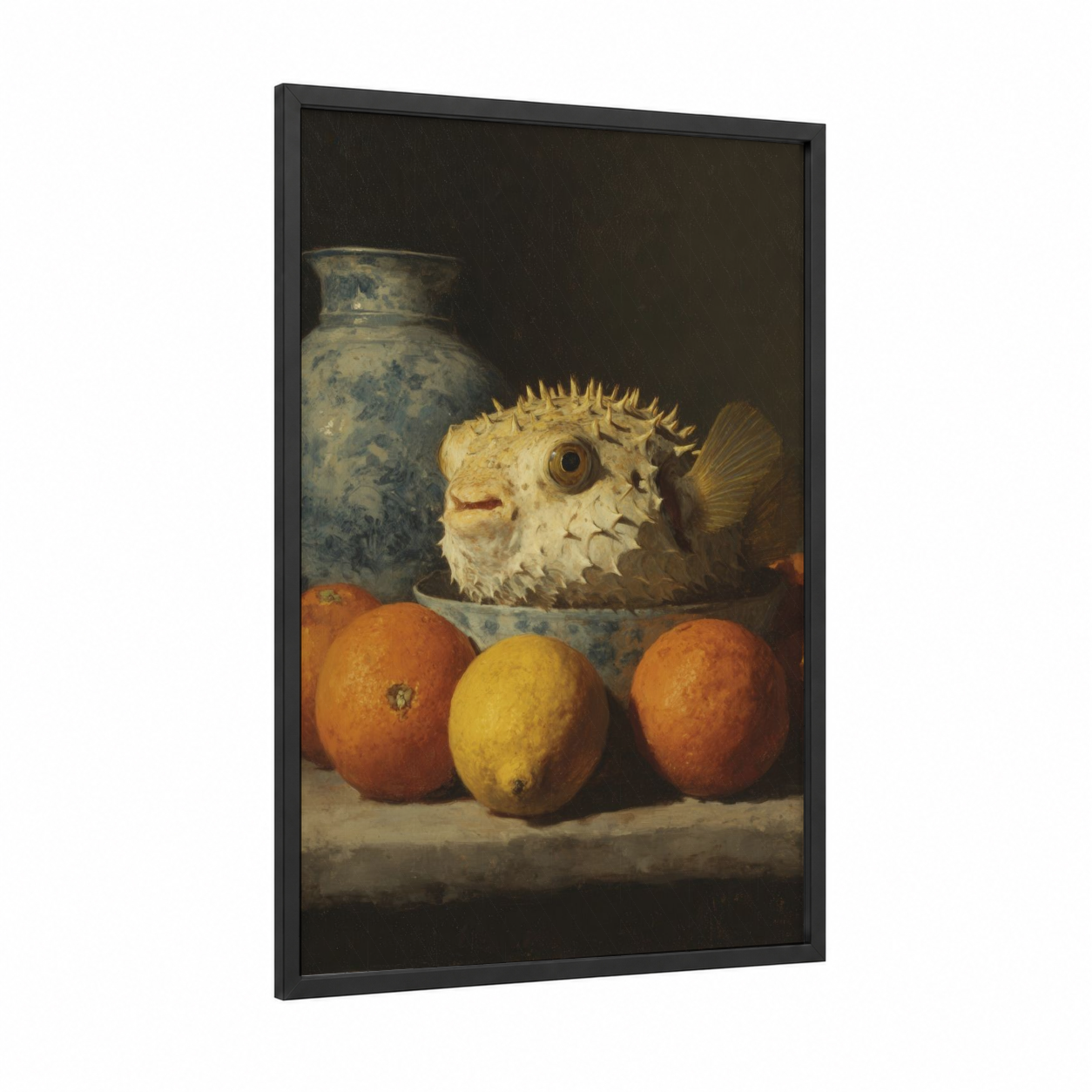 Curious Puffer Fish framed art print — black wood frame — gold and black palette