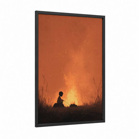 Campfire Silhouette framed camping print — black wood frame — orange and gold palette
