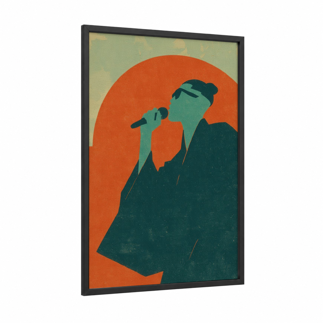 Golden Hour Mic framed hiphop print — black wood frame — orange and teal palette