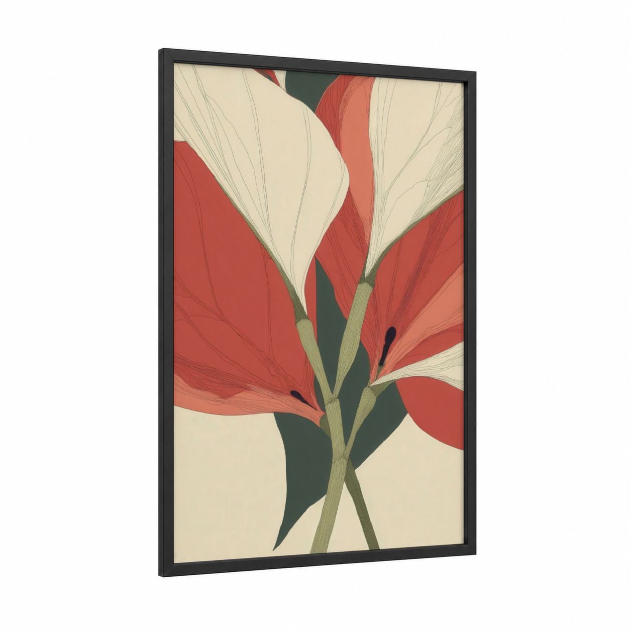 Crimson Rhododendron framed art print — black wood frame — red and cream palette