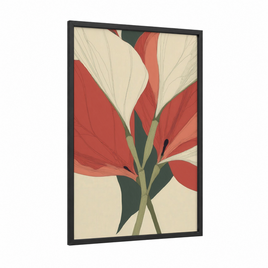 Crimson Rhododendron framed art print — black wood frame — red and cream palette