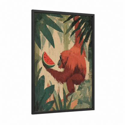 Watermelon Orangutan framed art print — black wood frame — red and green palette