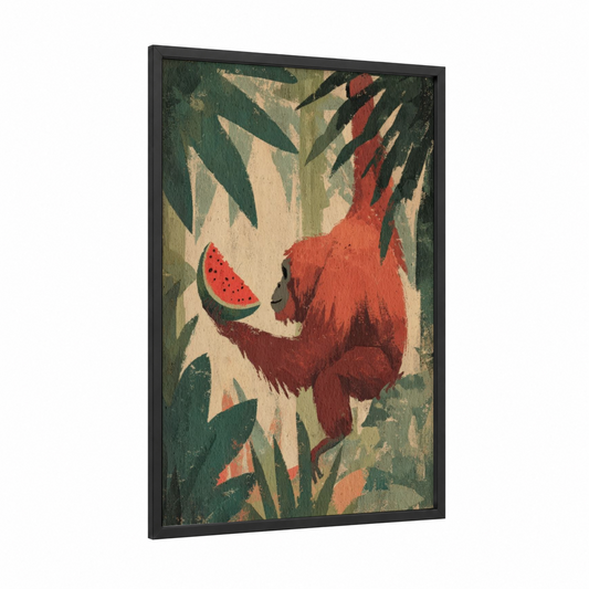 Watermelon Orangutan framed art print — black wood frame — red and green palette