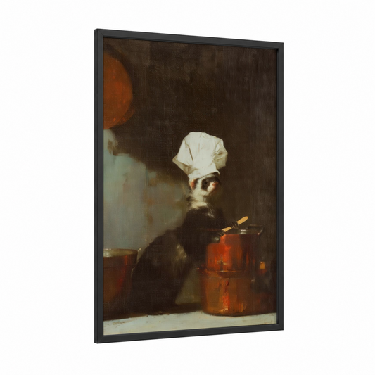 Chef Ferret framed art print — black wood frame — brown and orange palette