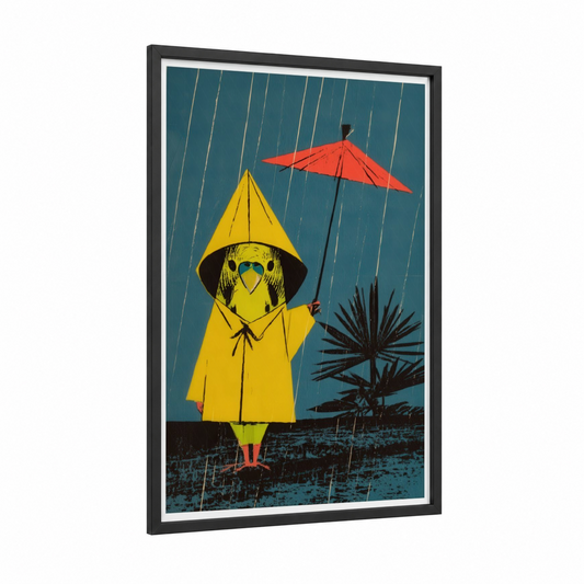 Rainy Day Budgie framed budgeridar print — black wood frame — yellow and teal palette