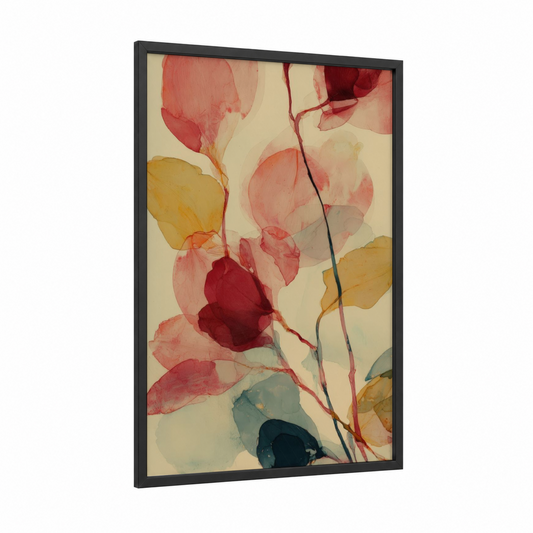 Crimson Dogwood framed art print — black wood frame — rose gold and cream palette