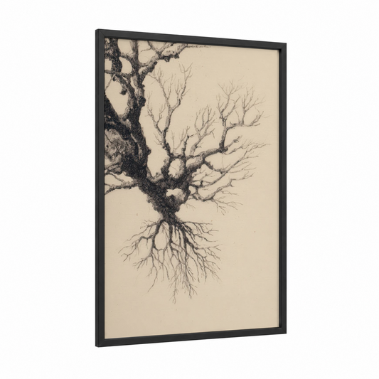 Ancient Mangrove framed art print — black wood frame — black and white and cream palette