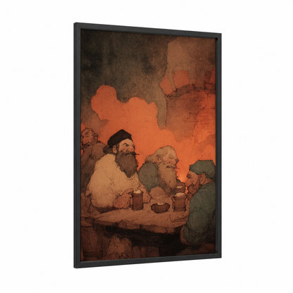 Fireside Dwarves framed art print — black wood frame — brown and orange palette