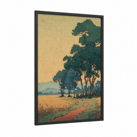 Savanna Grove framed savanna and desert trees print — black wood frame — gold and teal palette