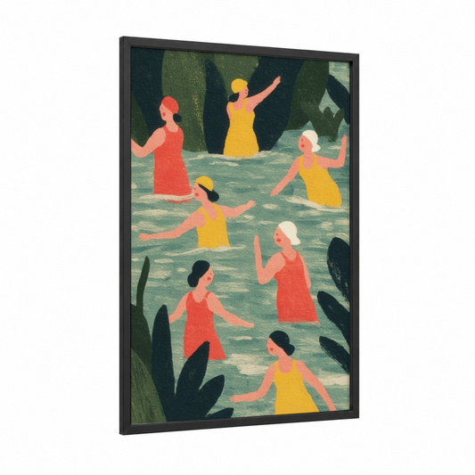 Synchronized Swimming Celebration framed art print — black wood frame — teal and gold palette