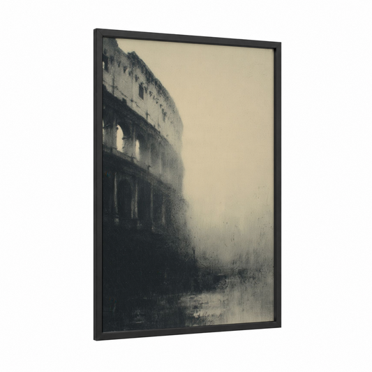Misty Colosseum framed art print — black wood frame — gray and black and white palette