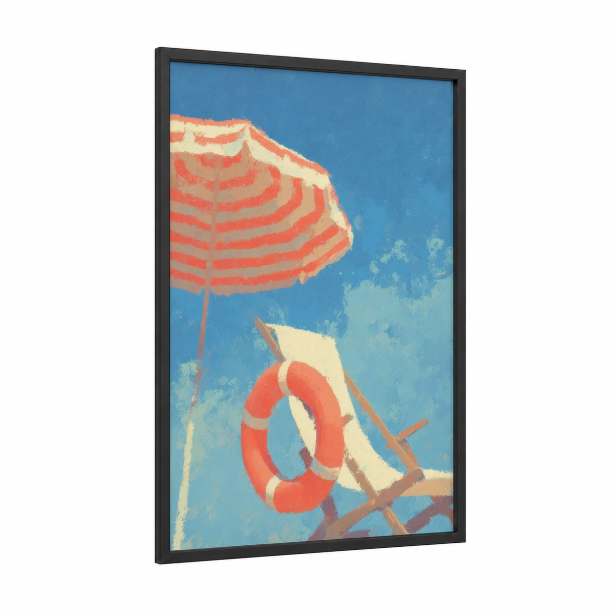 Seaside Rescue Ring framed life ring print — black wood frame — blue and orange palette