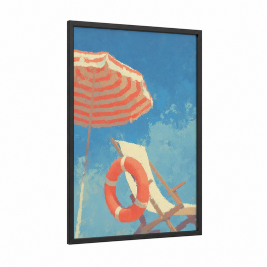 Seaside Rescue Ring framed life ring print — black wood frame — blue and orange palette