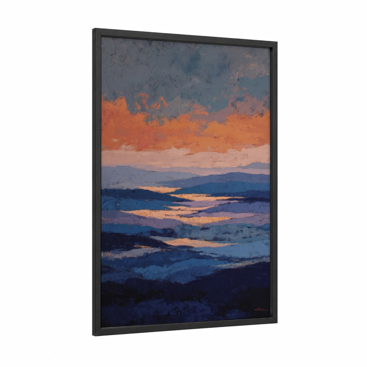 Crimson Mountain Sunrise framed blue ridge mountains print — black wood frame — orange and blue palette