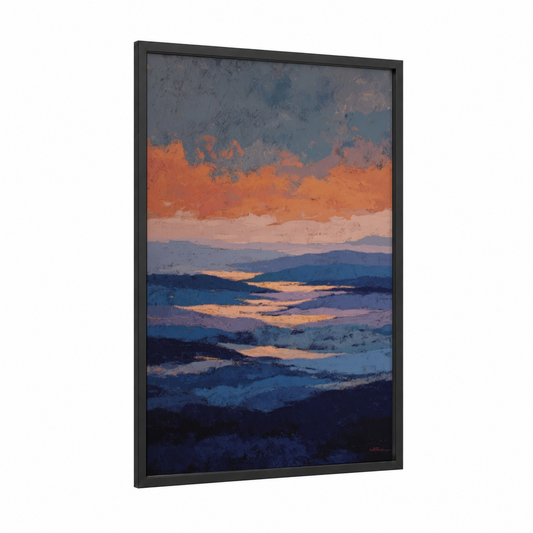 Crimson Mountain Sunrise framed blue ridge mountains print — black wood frame — orange and blue palette