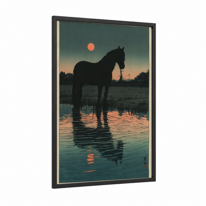 Riverside Friesian framed friesian horse print — black wood frame — teal and peach palette