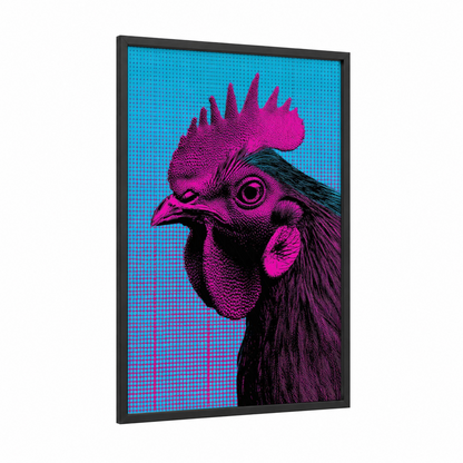 Neon Rooster framed chicken and roosters print — black wood frame — magenta and blue palette