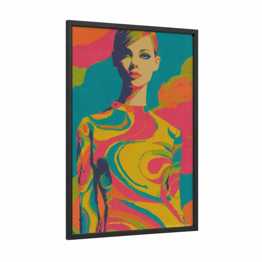Neon Portrait Chic framed retro fashion print — black wood frame — magenta and teal palette