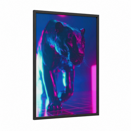 Neon Jaguar framed art print — black wood frame — magenta and royal blue palette