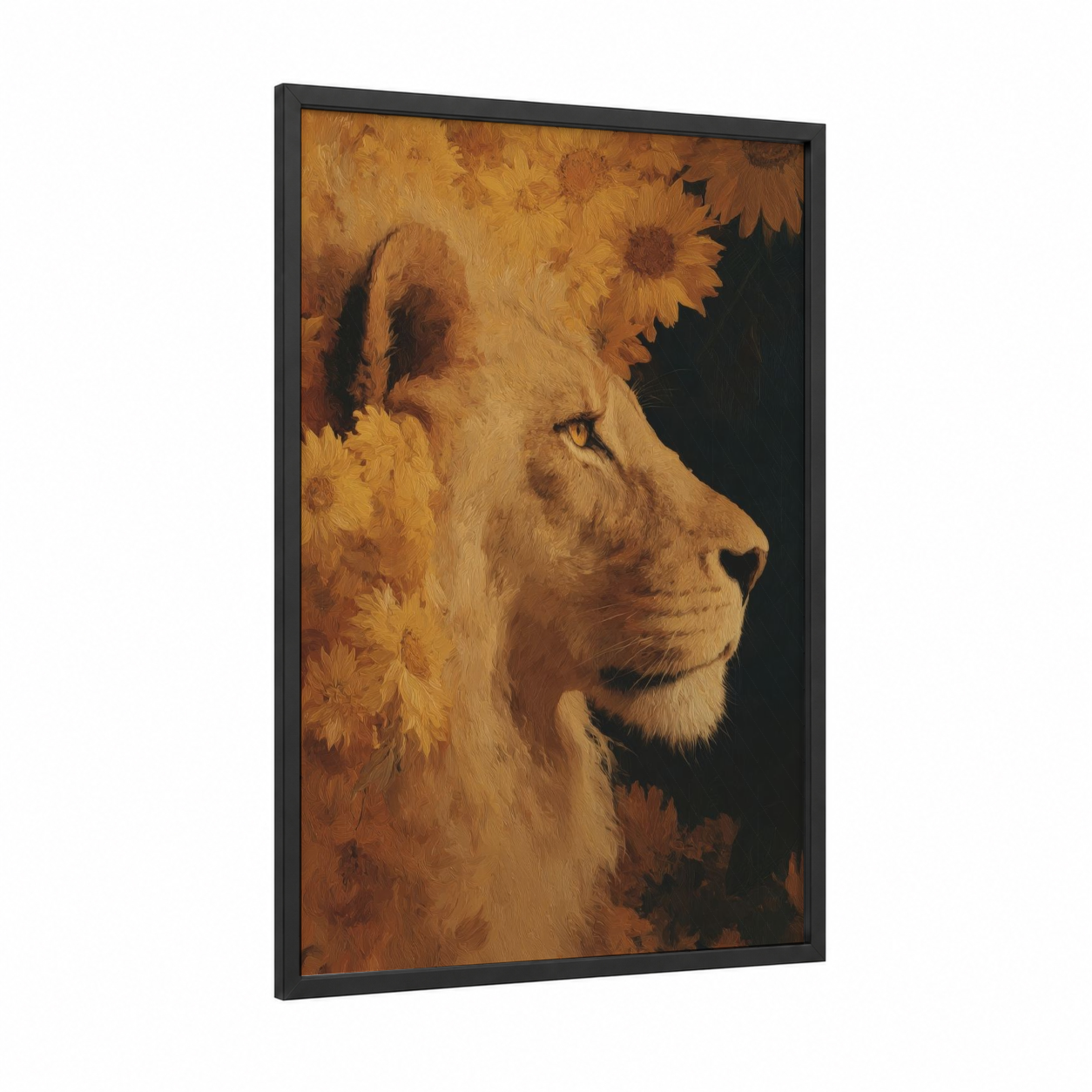 Golden Lion Zodiac framed leo print — black wood frame — yellow gold and black palette
