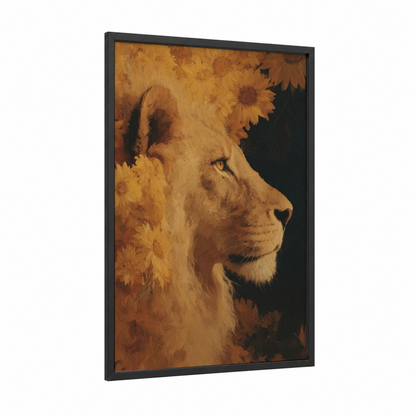 Golden Lion Zodiac framed leo print — black wood frame — yellow gold and black palette