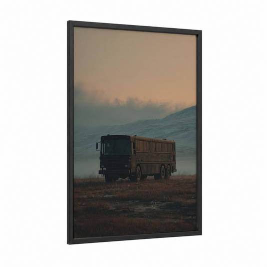 Moody Industrial Truck framed bus print — black wood frame — russet and dove gray palette