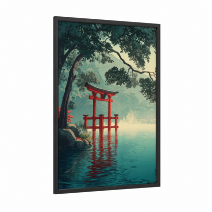 Red Torii Temple framed art print — black wood frame — teal and red palette