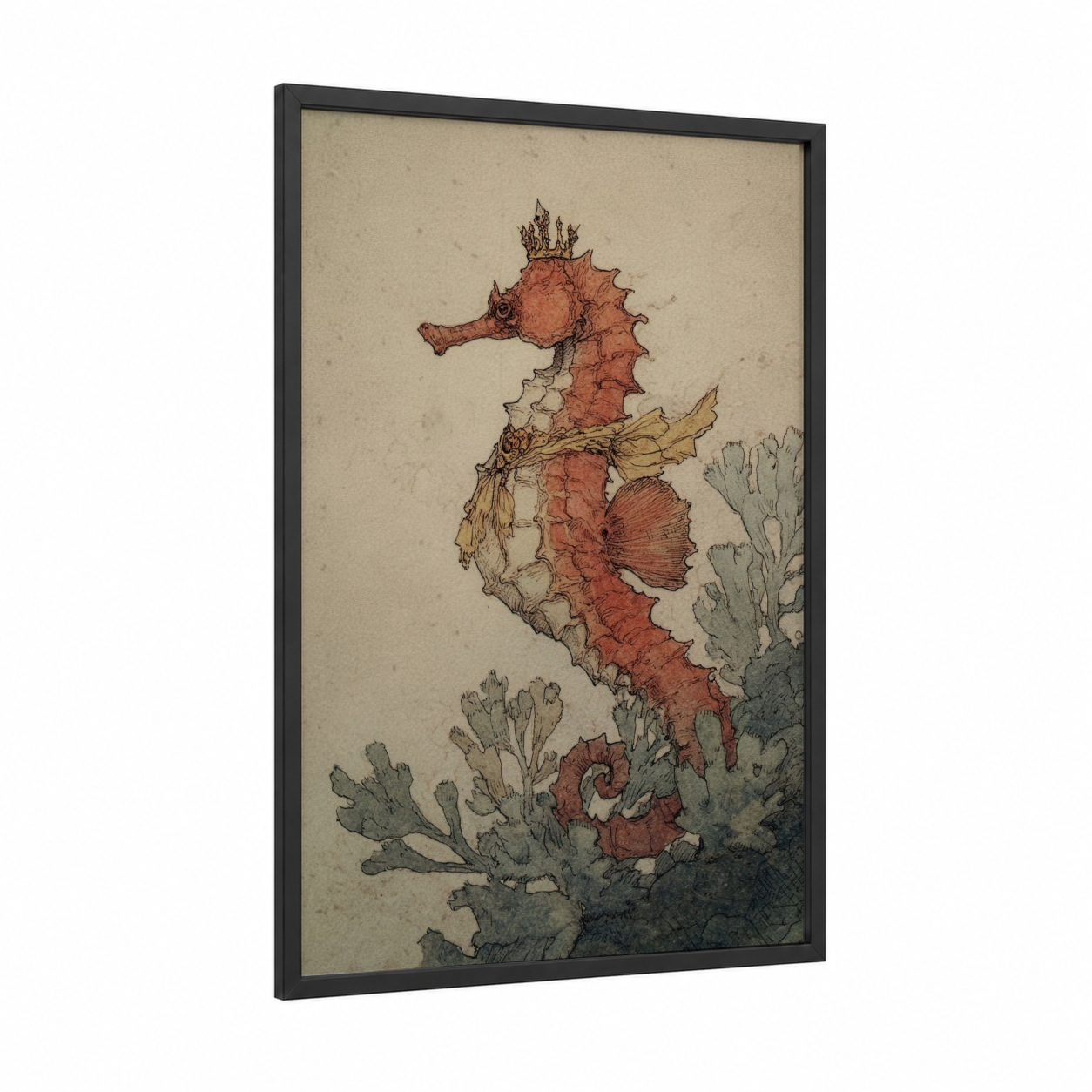 Crowned Seahorse framed sea horse print — black wood frame — russet and sage green palette
