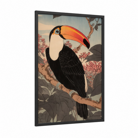 Toucan Sunrise framed art print — black wood frame — orange and cream palette