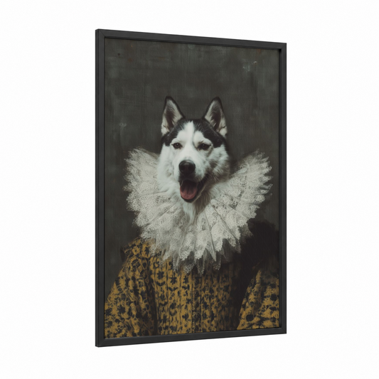 Royal Husky framed art print — black wood frame — black and white and mustard palette