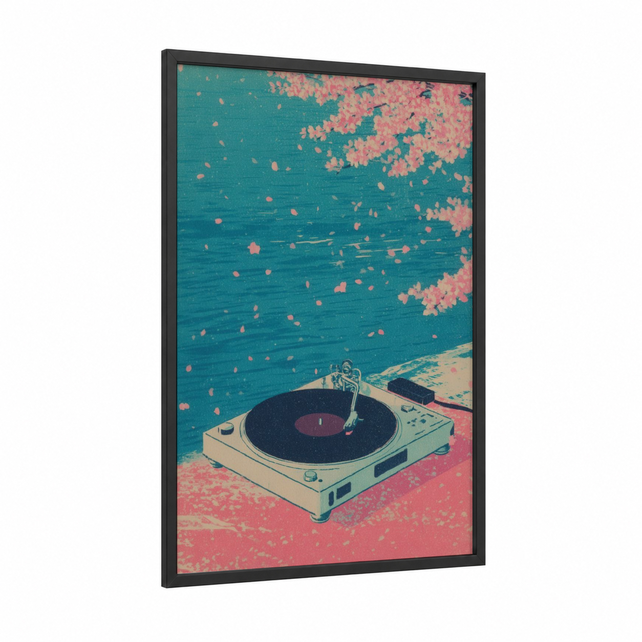 Turquoise Vinyl Reverie framed vinyl records print — black wood frame — teal and salmon pink palette