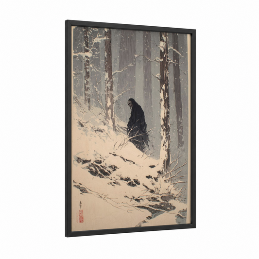 Solitary Zombie framed art print — black wood frame — gray and white and black palette