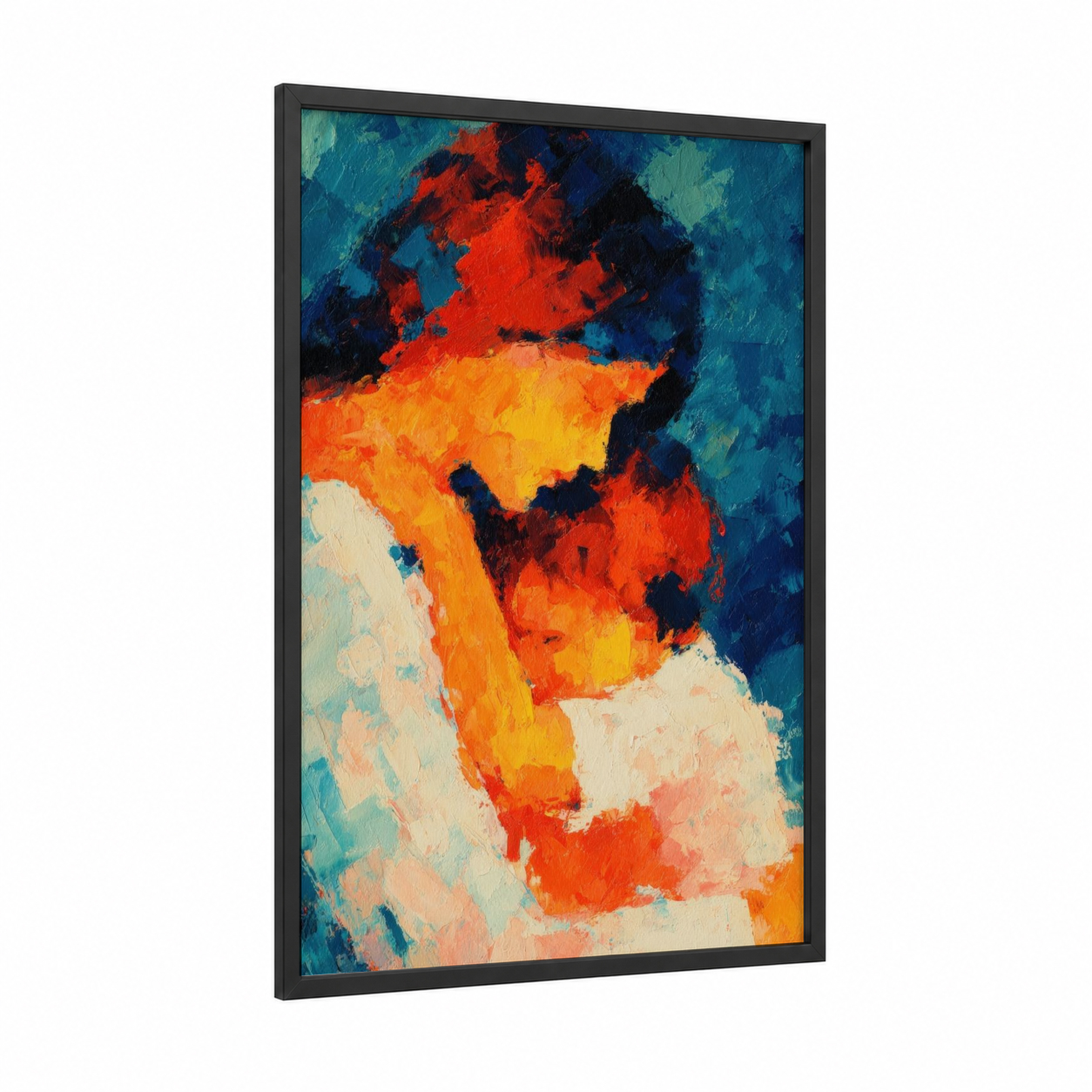 Warm Embrace framed mother's day print — black wood frame — orange and teal palette