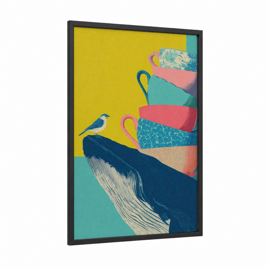 Stacked Teacups Whale framed blue whale print — black wood frame — yellow gold and teal palette