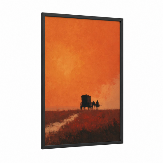 Sunset Wagon framed art print — black wood frame — orange and gold palette