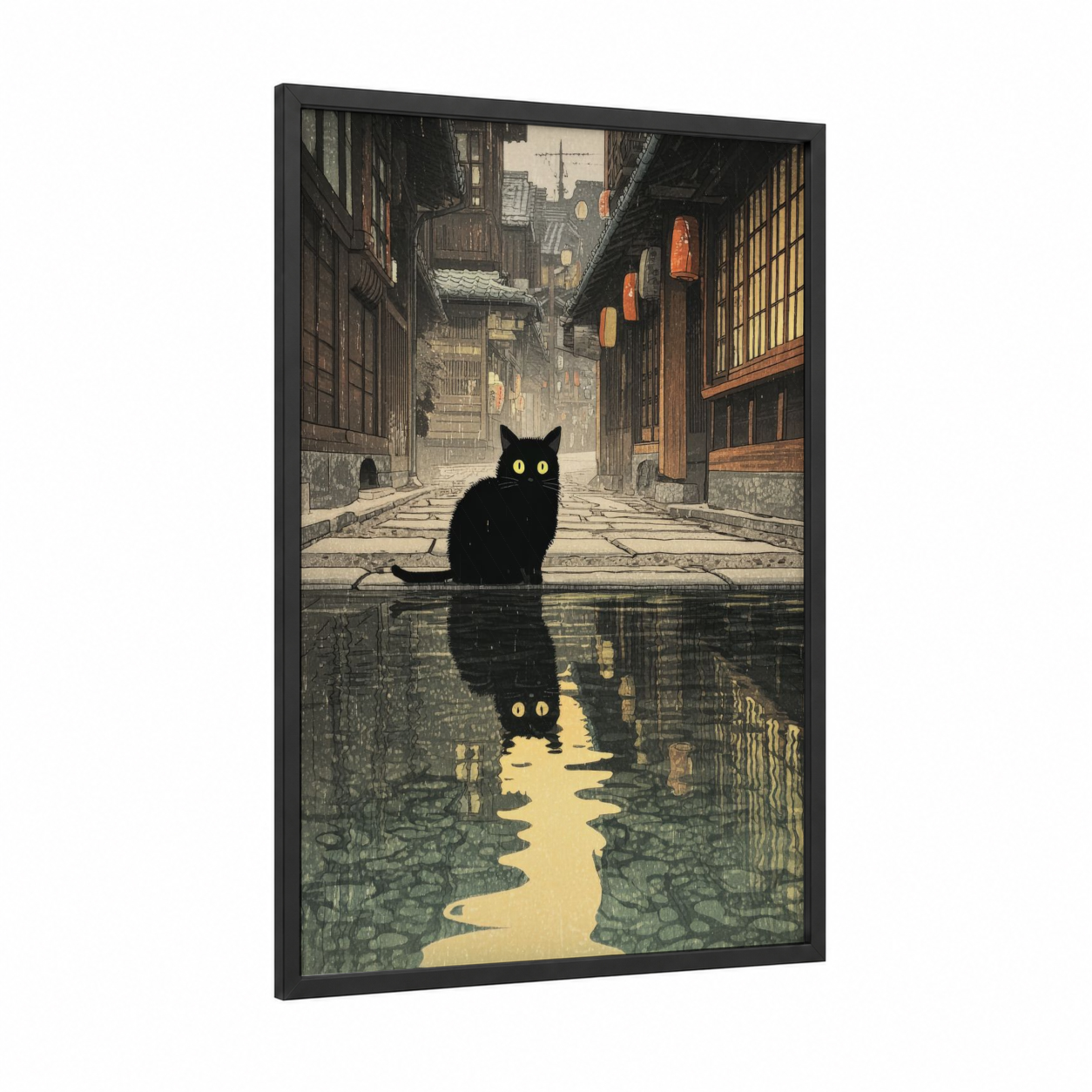 Alley Cat Reflection framed art print — black wood frame — gold and black and white palette