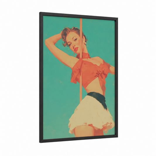 Vintage Pole Dancer framed pole dancing print — black wood frame — teal and orange palette