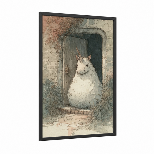 Cottage Unicorn framed unicorns print — black wood frame — sage green and cream palette