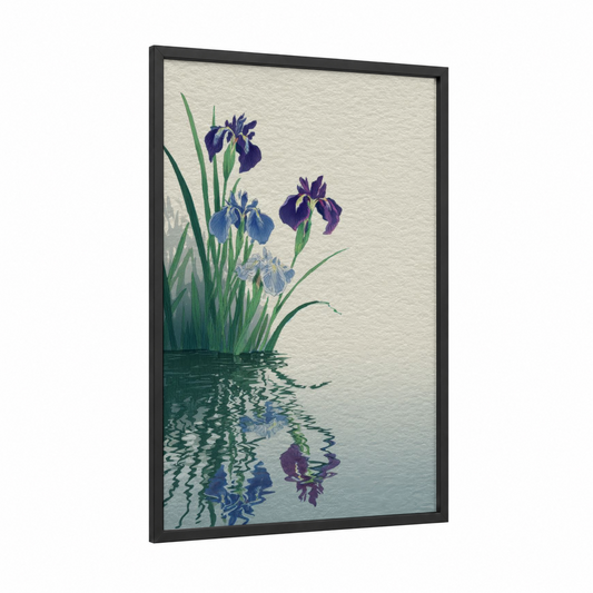 Iris Reflection framed art print — black wood frame — purple and green palette