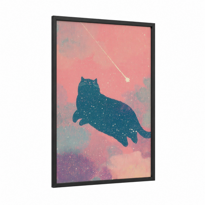 Cosmic Cat framed space print — black wood frame — pink and teal palette