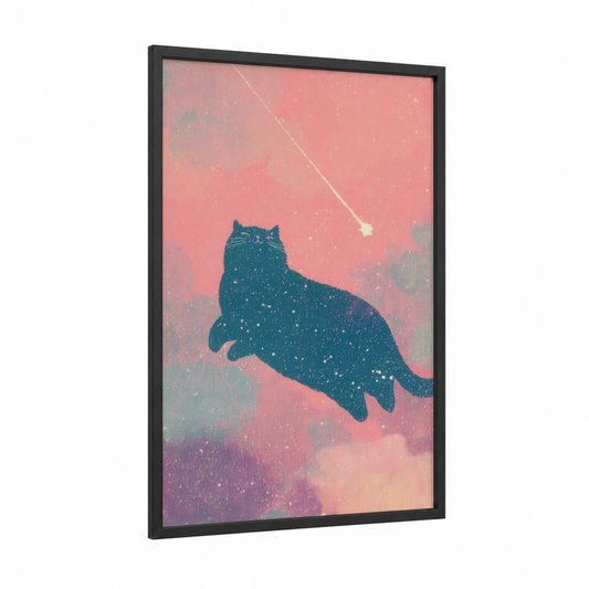 Cosmic Cat framed space print — black wood frame — pink and teal palette
