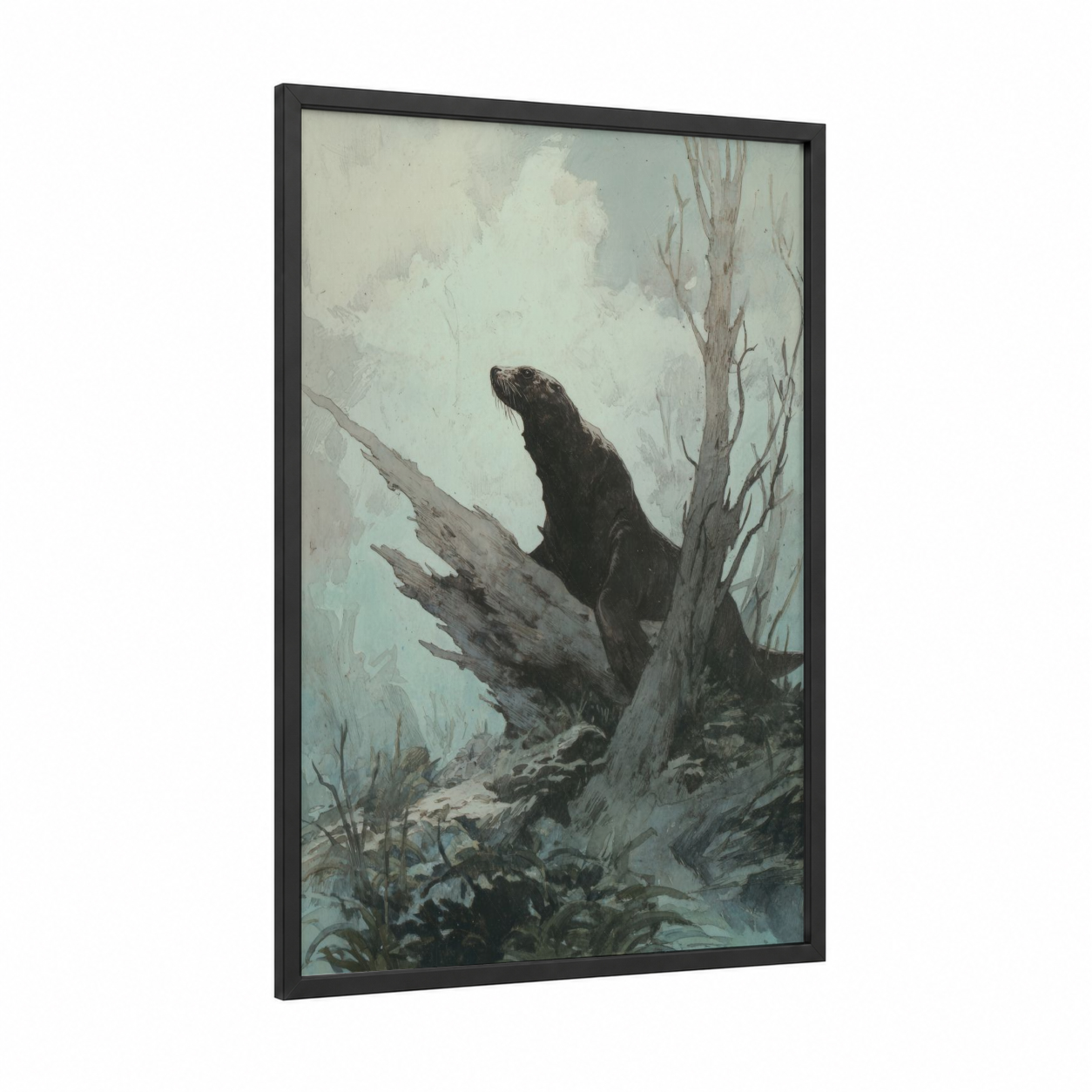 Coastal Sea Lion framed art print — black wood frame — gray and white and blue palette
