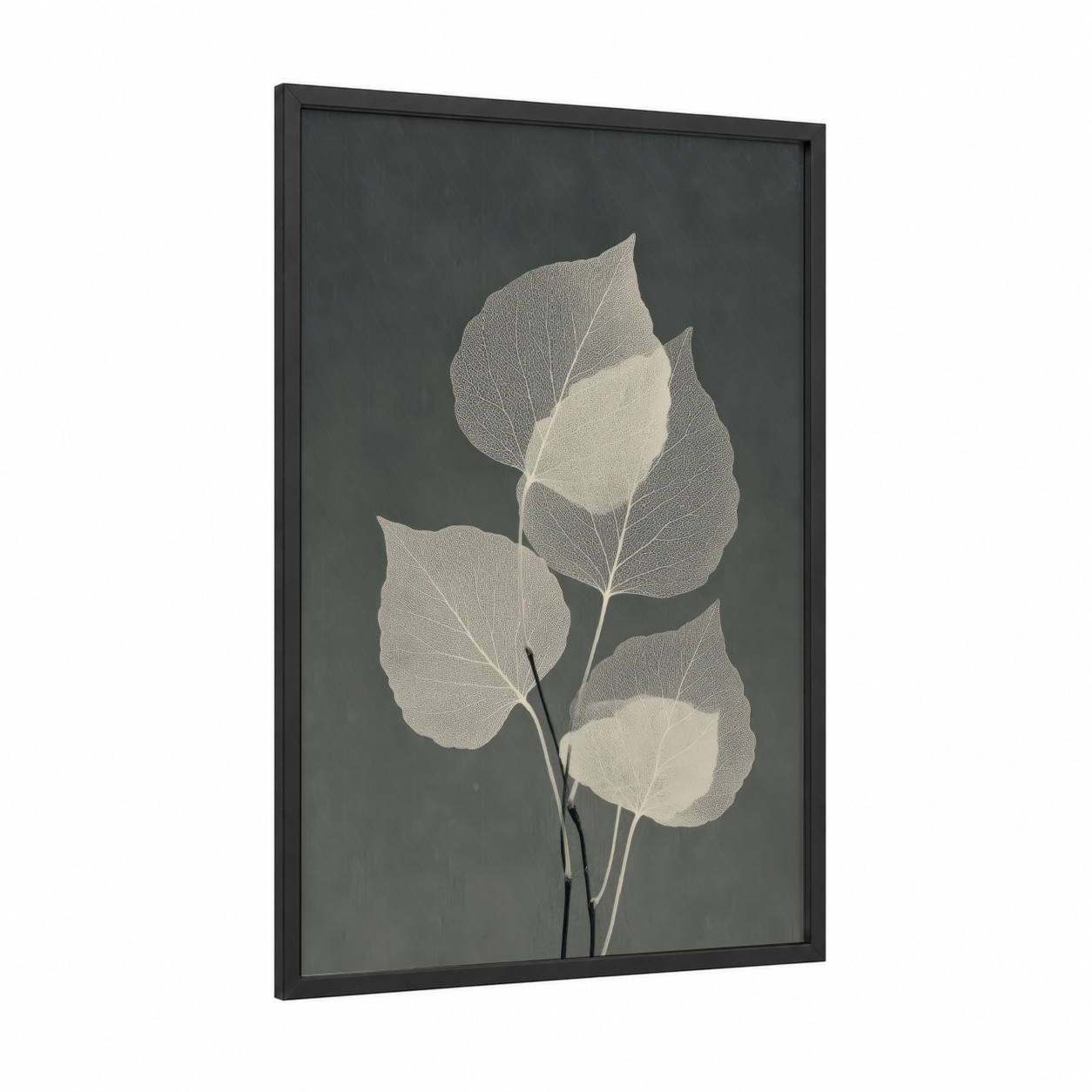 Ethereal Leaf Stems framed art print — black wood frame — gray and cream palette