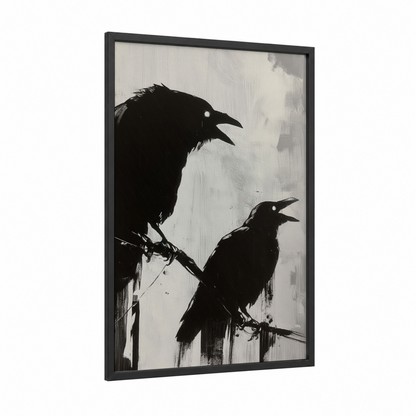 Perched Ravens framed crows and ravens print — black wood frame — black and white and gray palette