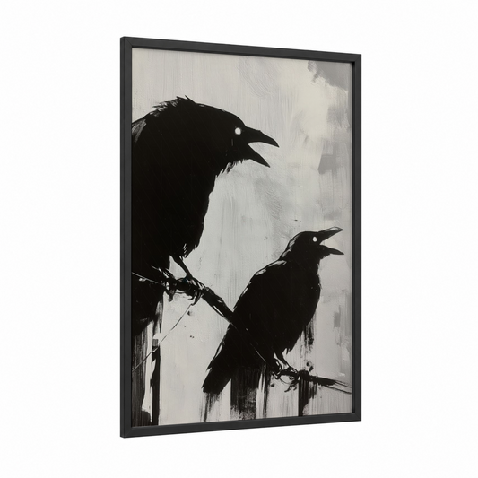 Perched Ravens framed crows and ravens print — black wood frame — black and white and gray palette