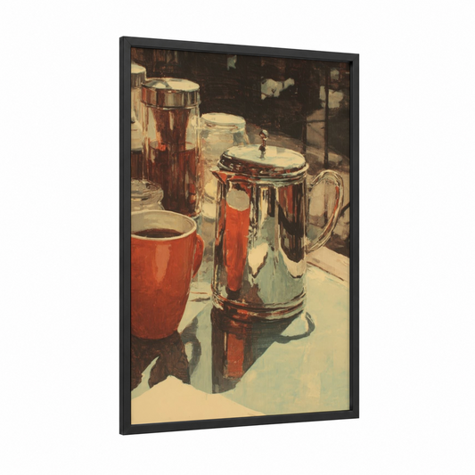 Morning Coffee Service framed breakfast print — black wood frame — red and cream palette