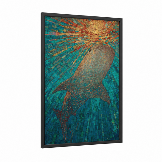 Ascending Whale Shark framed art print — black wood frame — teal and yellow gold palette