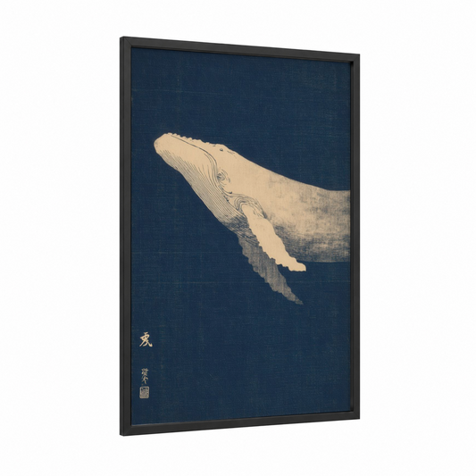 Azure Whale framed gray whale print — black wood frame — blue and cream palette